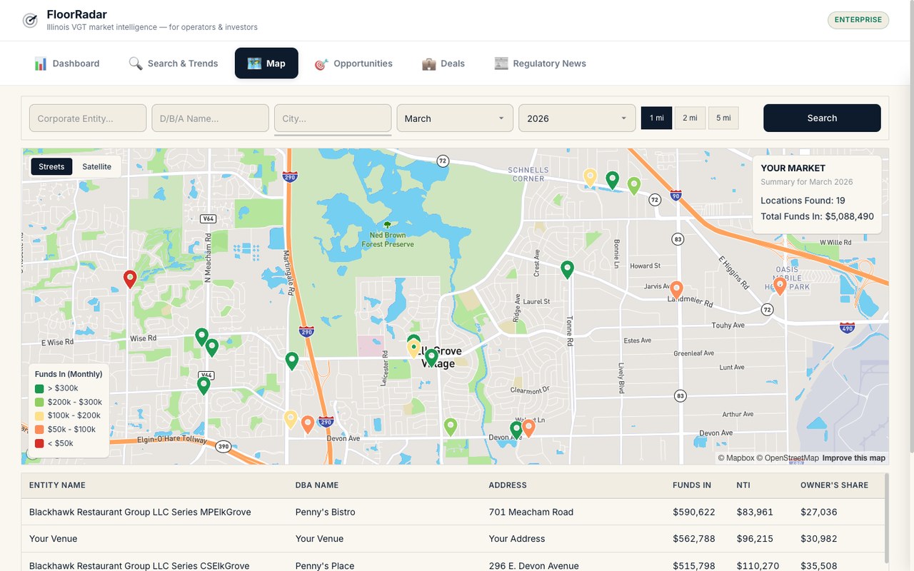 FloorRadar map view showing VGT establishments color-coded by revenue performance